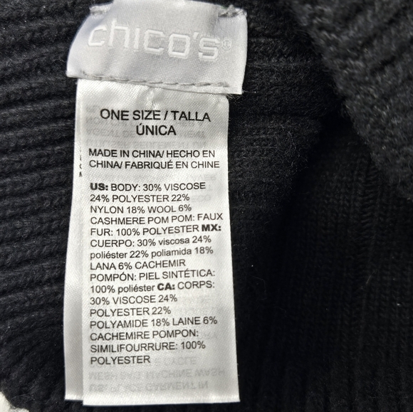 CHICO'S BLACK & METALLIC SILVER STRIPE POM POM BEANIE HAT CAP ACCESSORY WOMEN OS - Picture 8 of 12